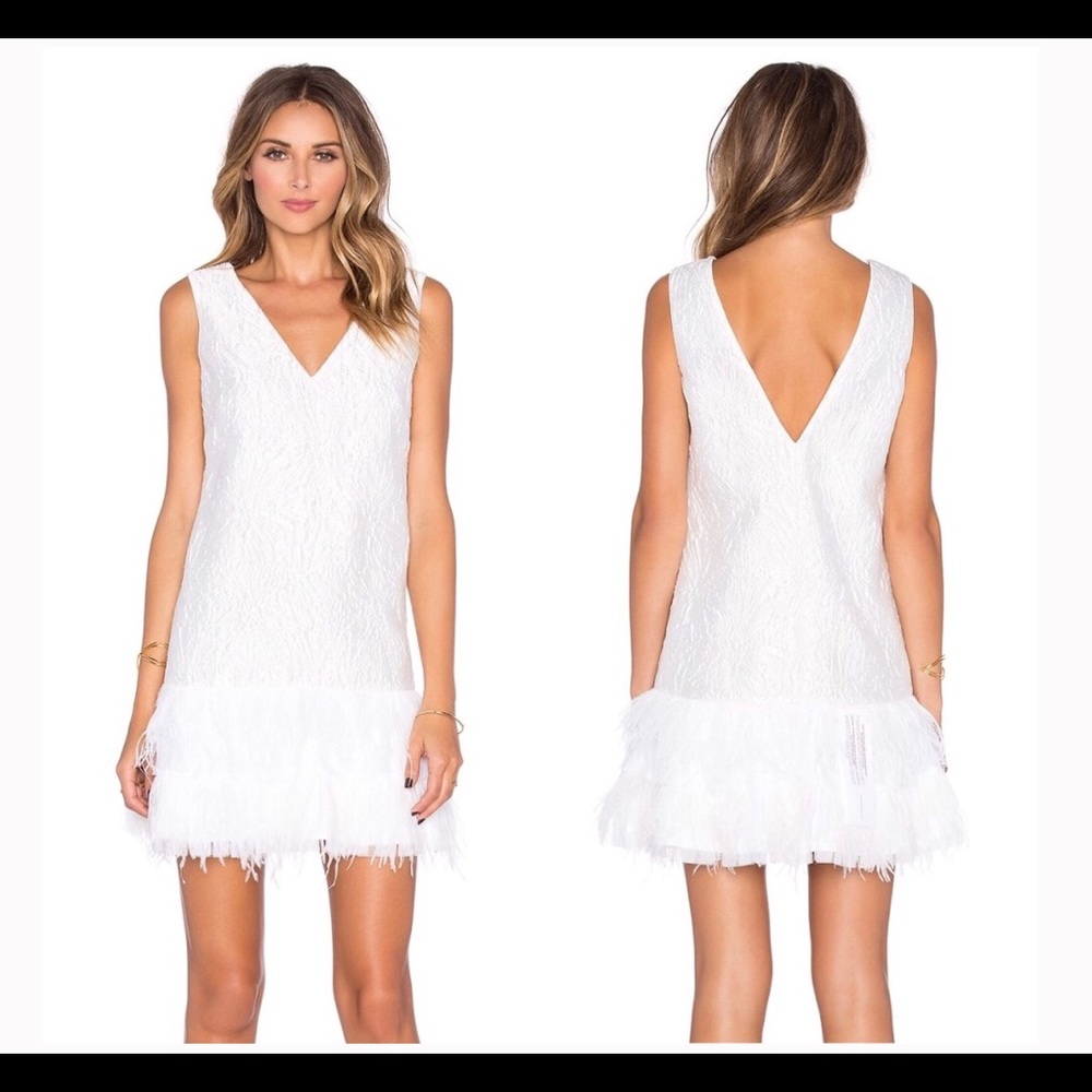 BCBGMaxAzria Jamysen White Feather Hem Dress